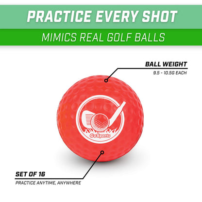 GoSports Foam Golf Practice Balls - 16 Pack Realistic Feel and Limited Flight Use Indoors or Outdoors