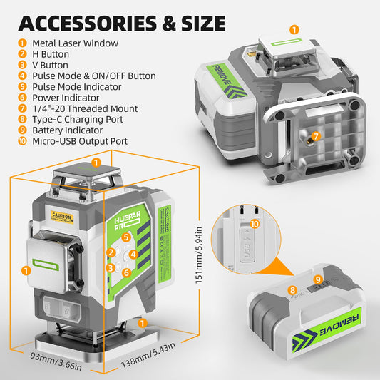 Huepar Pro Laser Level 360 Self Leveling, 4x360°Green Cross Line Laser Tool with Remote Control & 8000mAh Rechargeable Li-ion Battery, High Accuracy 4D Laser for Construction, Magnetic Bracket -ZK04CG