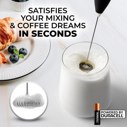 Zulay Kitchen Powerful Milk Frother Wand With 2 Duracell Batteries - Ultra Fast Handheld Drink Mixer - Electric Whisk Foam Maker for Coffee, Lattes, Cappuccino, Matcha, Hot Chocolate & Creamer - Black
