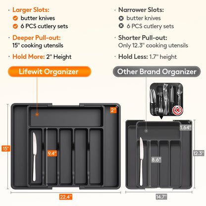 Lifewit Large Silverware Drawer Organizer, Expandable Utensil Tray for Kitchen, BPA Free Flatware and Cutlery Holder, Adjustable Plastic Storage for Spoons Forks Knives, Large, Black