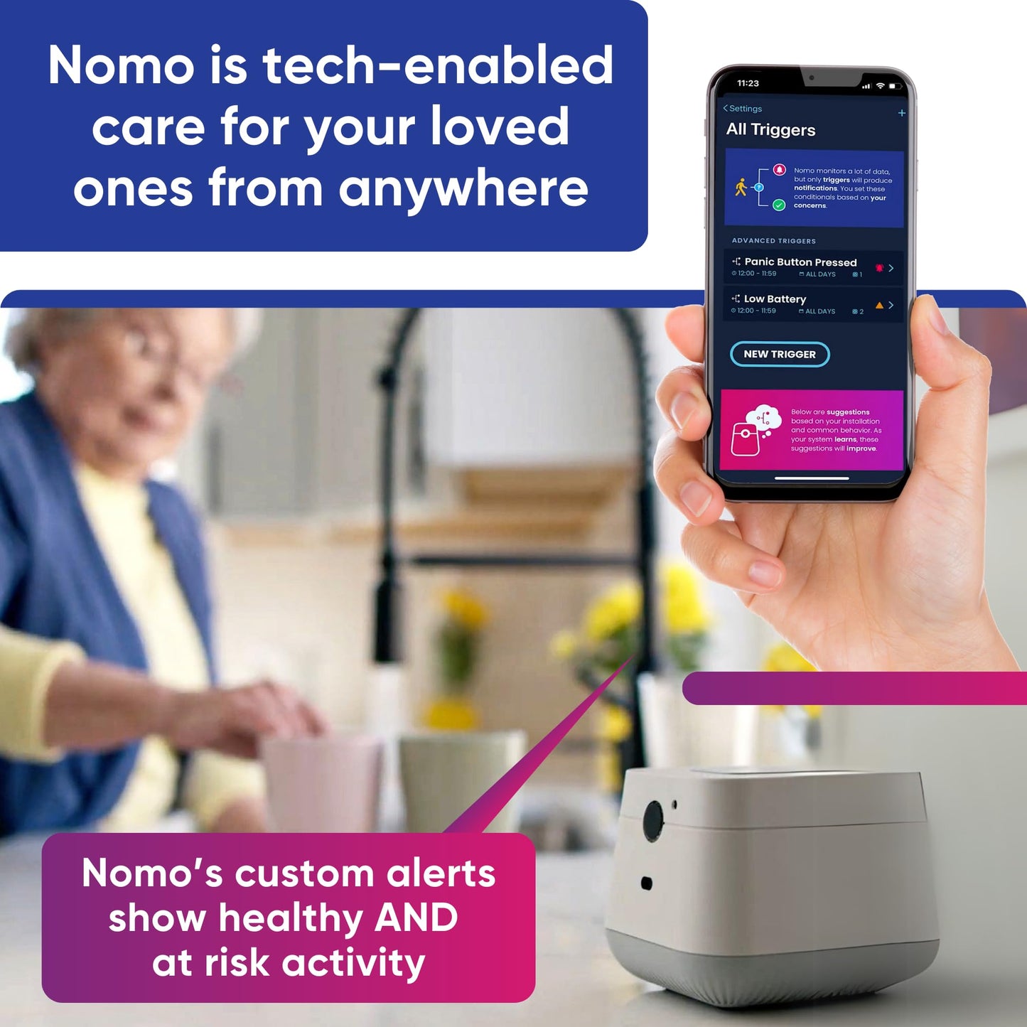 Nomo Smart Care Remote Home Medical Alert System, Custom Alerts w/App Activity Log, Fall Detection for Seniors w/Call Button, 24/7 Fast Emergency Contact, WiFi Connected, Elderly Health Device