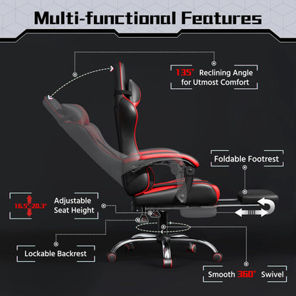 Yaheetech Gaming Chair, Video Game Chair with Massage Lumbar Support and Footrest Height Adjustable Ergonomic Computer Chair with Swivel Seat and Headrest, Black/Red