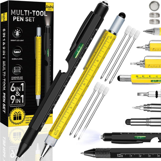 Jishi Multitool Pen Set, 2pcs Multi-Tool Pens, Black & Yellow Aluminum, 9-in-1 & 6-in-1 Functions, Gifts for Men, Stocking Stuffers, Fathers Day, Birthday, Easter, Christmas