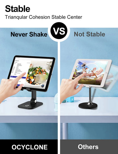OCYCLONE Phone Stand, Adjustable Height and Angle Foldable Cell Phone Stand Holder for Desk, Taller iPhone Stand Compatible with 4.7"-13" Smartphones iPad Tablet, Black