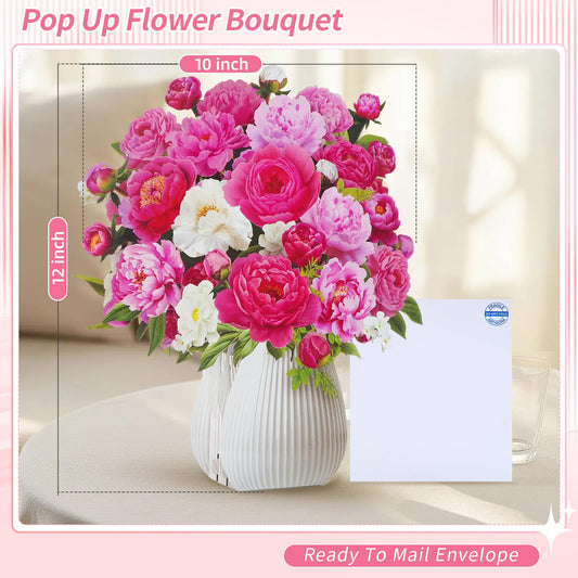 MZD8391 Mothers Day Card, Pop Up Birthday Cards with MUSIC & LIGHTS, Pink Penoy, 12 Inch Life Sized Forever Flower Bouquet Mother's Day Gifts for Women Mom Grandma