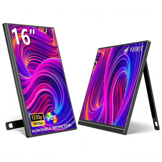 Veout 16" Portable Monitor, 1920 * 1200P IPS Laptop Screen with USB-C, HDMI Gaming Monitor Featuring a Kickstand, 0.3" Ultra-Slim for Travel and Office Use