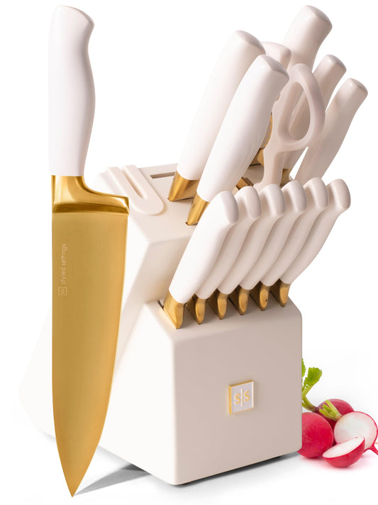 Gold Knife Set with Block Self-Sharpening – 14-Piece Titanium Coated Gold and Off-White Kitchen Knives with White Block and Built-In Sharpener – Stylish Luxury Kitchen Accessories and Decor