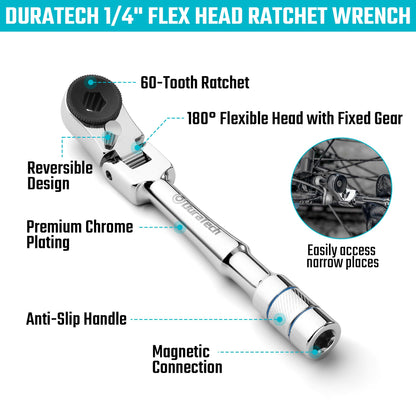 DURATECH 1/4" Flex Head T-Handle Ratchet, Mini Ratchet Wrench with Hex Bit Extension Set, Compatible with Standard 1/4" Hex Bits or Sockets, Portable and Versatile Repair Tool for Tight Spaces