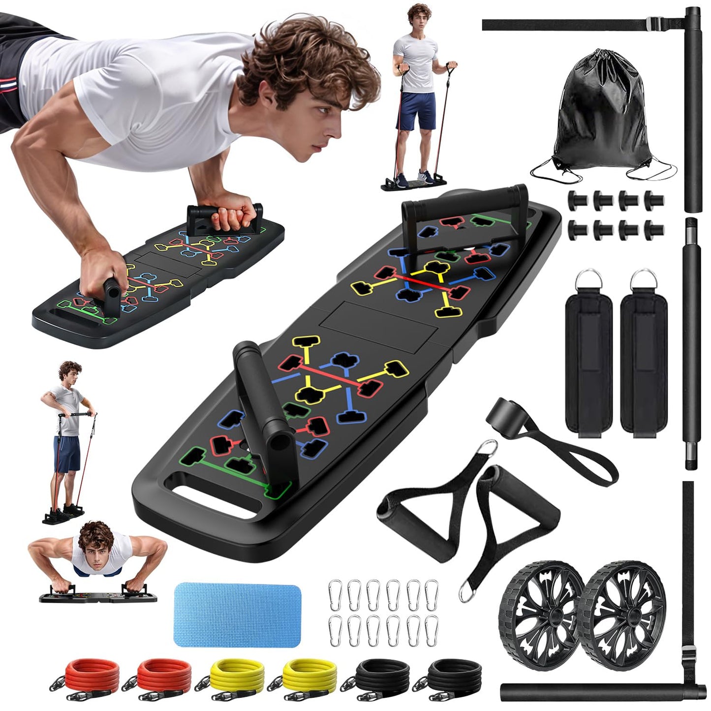 Push Up Board,Home Gym,Portable Exercise Equipment,Pilates Bar and 20 Fitness Accessories with Resistance Bands and Ab Roller Wheel,Full Body Workout at Home