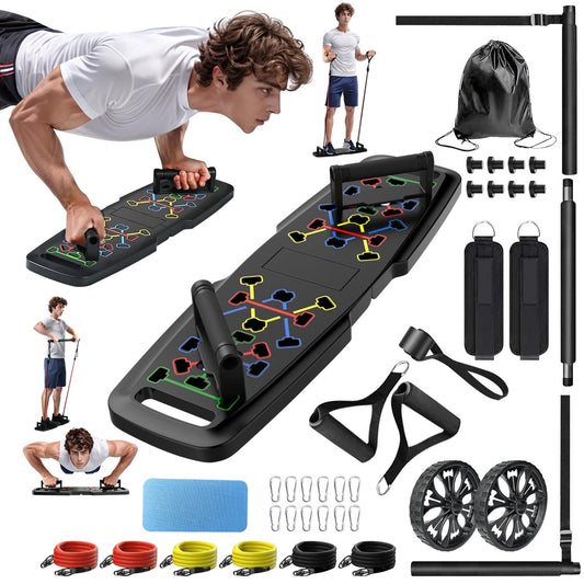 Push Up Board,Home Gym,Portable Exercise Equipment,Pilates Bar and 20 Fitness Accessories with Resistance Bands and Ab Roller Wheel,Full Body Workout at Home