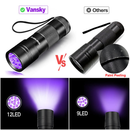 Vansky Black Light UV Flashlight Blacklight 12 LED Urine Detector for Dog/Cat/Pet Urine & Dry Stains and Bed Bug On Carpets/Rugs/Floor,Matching with Pet Odor Eliminator
