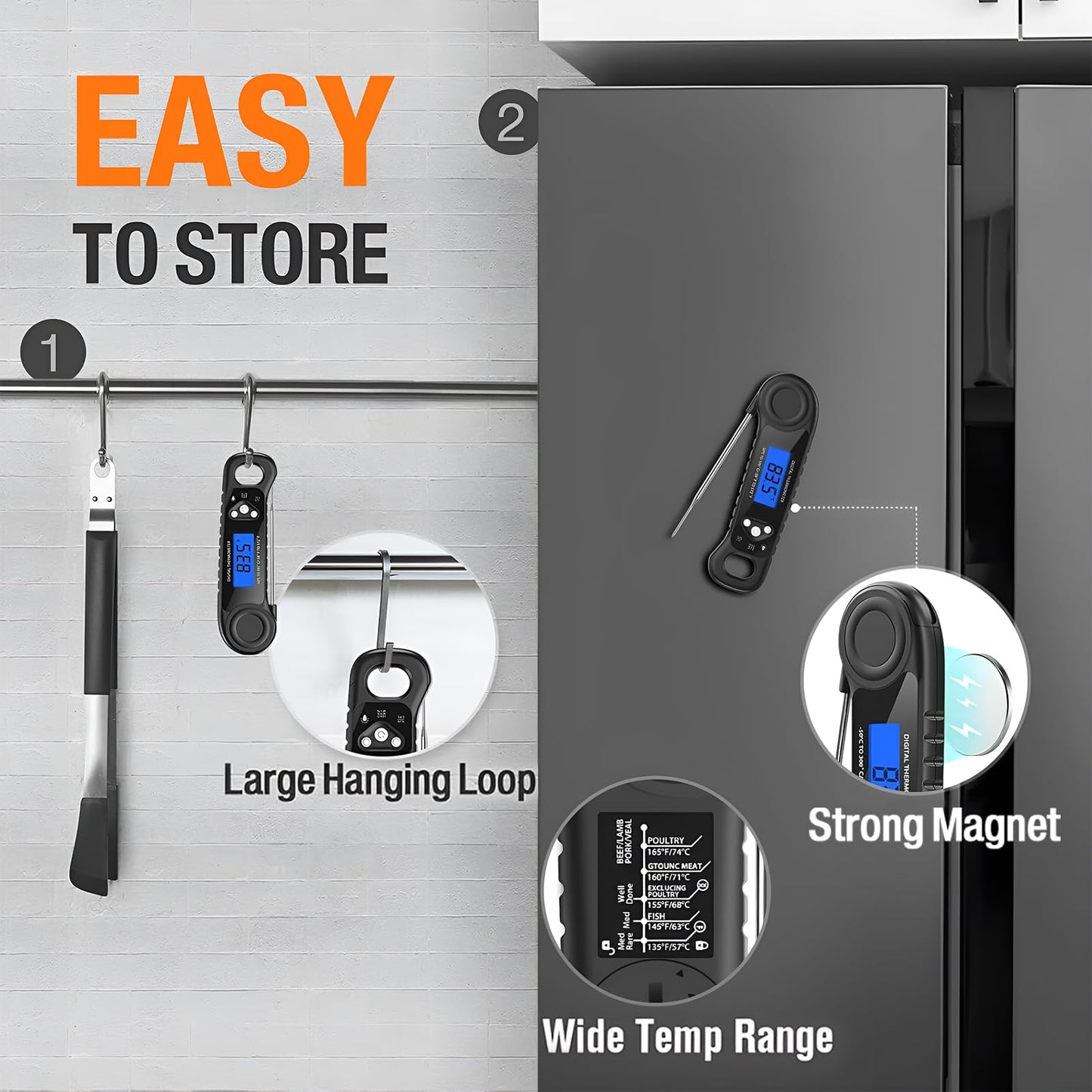 AMMZO Meat Thermometer Digital, Instant Read Food Thermometer - Waterproof w/Backlight for Cooking Deep Fry BBQ Grill Smoker Roast and Candy Thermometer, Camping & Kitchen Essentials