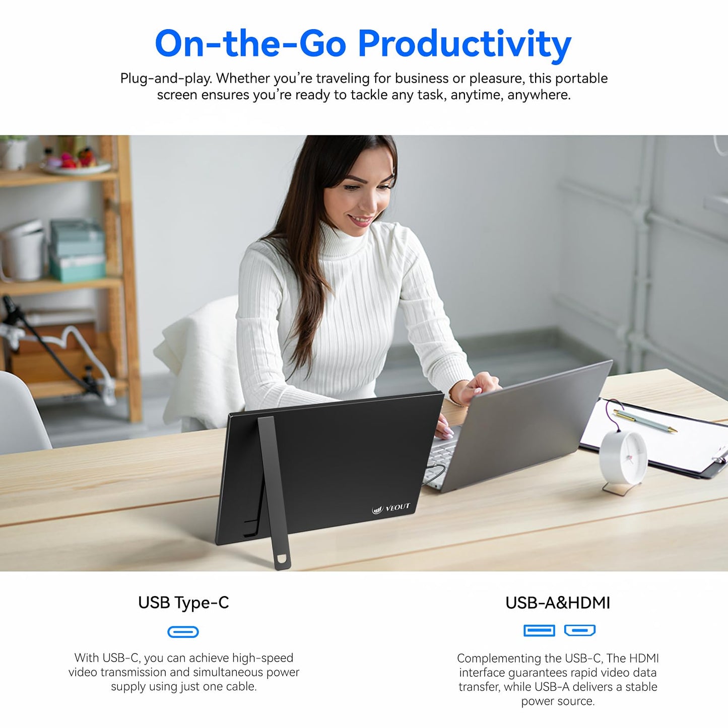 Veout 16" Portable Monitor, 1920 * 1200P IPS Laptop Screen with USB-C, HDMI Gaming Monitor Featuring a Kickstand, 0.3" Ultra-Slim for Travel and Office Use
