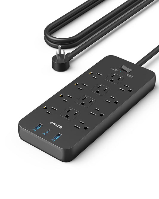 Anker Surge Protector Power Strip (2100J), 12 Outlets with 1 USB-C/2 USB-A Ports for iPhone 16/16 Plus/16 Pro/16 Pro Max, 5ft Extension Cord, Flat Plug, 20W USB-C Charging for Home, Office,TUV Listed