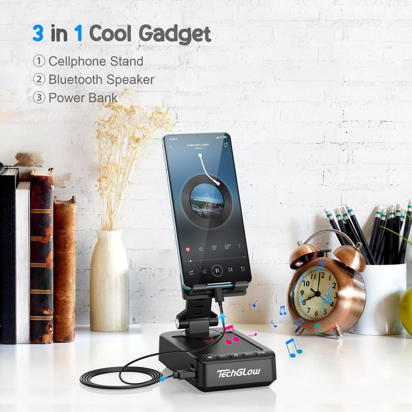TechGlow Foldable Cellphone Stand with Bluetooth Speaker Power Bank 360° Rotatable Phone Stand Birthday Gifts for Men Women Mother Father Cool Tech Gadgets