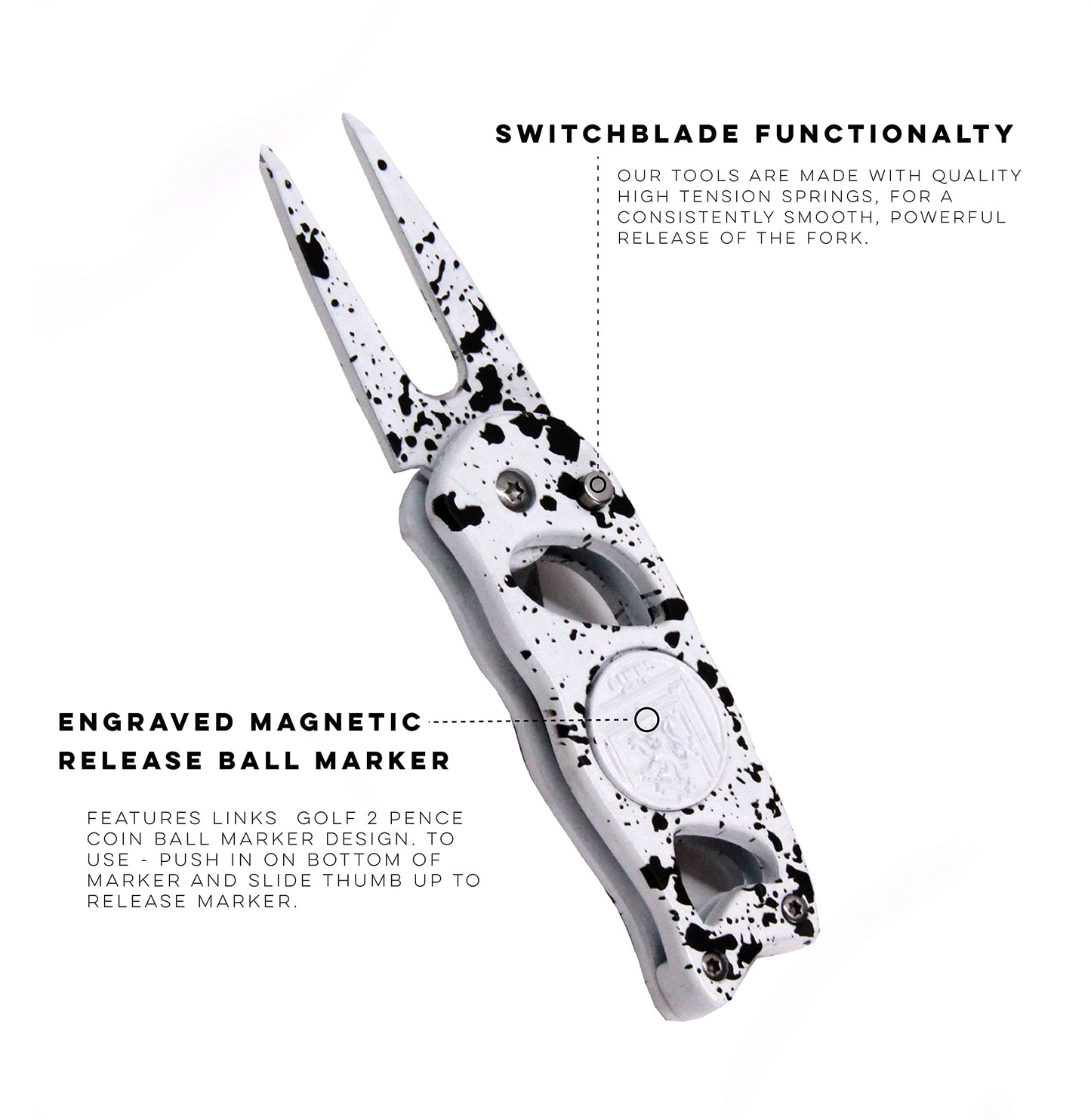 Links Golf Divot Tool with Foldable Pop-up Button & Magnetic Golf Ball Marker - Patented Golf Divot Tool and Ball Marker - (Monochrome Drip)