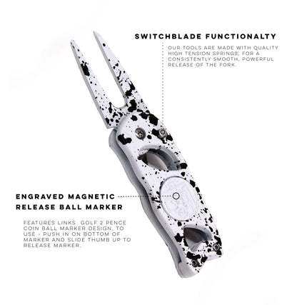 Links Golf Divot Tool with Foldable Pop-up Button & Magnetic Golf Ball Marker - Patented Golf Divot Tool and Ball Marker - (Monochrome Drip)