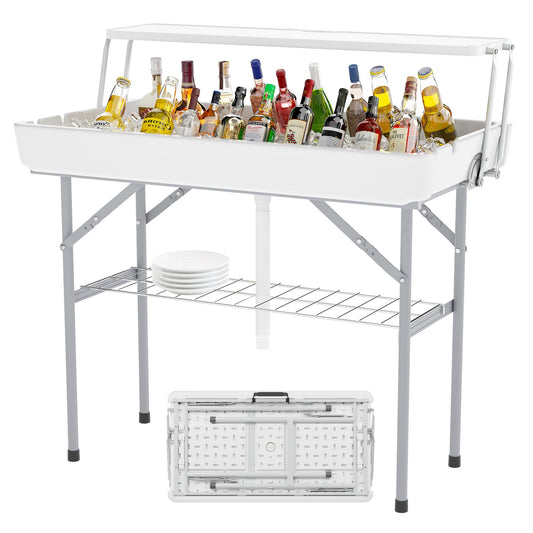 LHBcraft Outdoor Ice Cooler Folding Table with Extra Storage Shelf,Ice Tables for Parties with Drain,Cooler Server for Camping, Picnic, Wedding, BBQ (White)