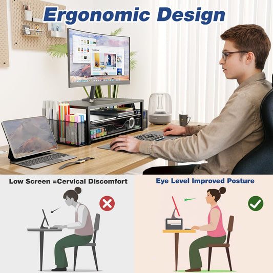OPNICE Desk Organizers and Accessories, 2-Tier Computer Monitor Stand for Desk Organizer with Drawer and 2 Pen Holders, Office Desk Accessories Workspace Desktop Organizers for Office Supplies, Brown