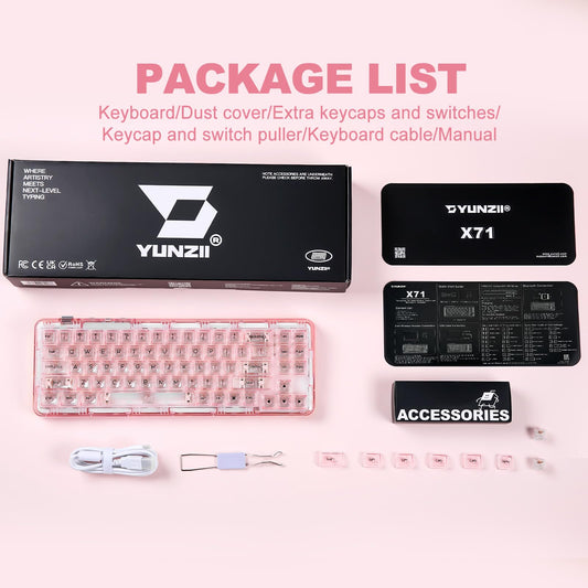YUNZII X71 Wireless Hot Swappable Transparent Mechanical Keyboard with Clear Keycaps, 68% Layout, BT5.0/2.4G/USB-C Gasket Mount Wireless RGB Backlit for Windows/Mac(Crystal Ice Switch,Pink)