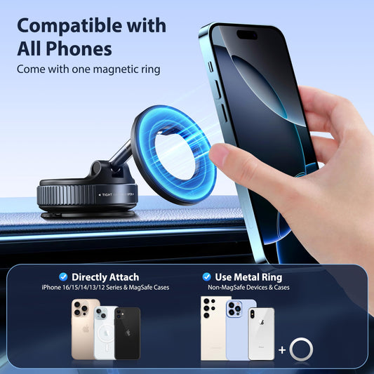 CreaDream Car Phone Mount for Magsafe, Ultra Strong Vacuum Magnetic Suction Cup Cell Phone Holder with 360° Rotation, Foldable Phone Holders for Your Car, Car Accessories for All Smartphones（Black）