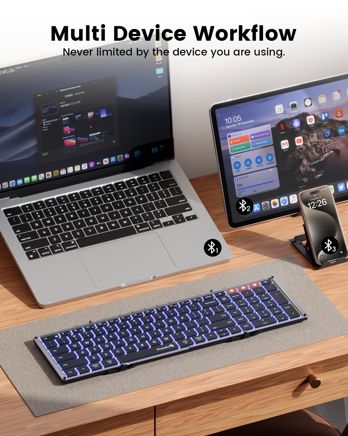 ProtoArc Backlit Foldable Keyboard, XK01 Plus Folding Portable Bluetooth Keyboard for Travel, True Full Size External Wireless Keyboards with Backlight for iPad Tablet Smartphone Laptop PC