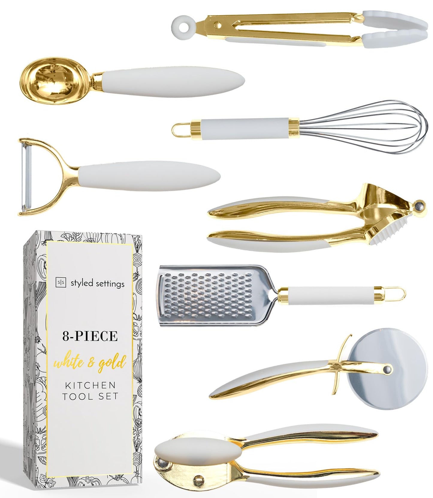 White & Gold Cooking Utensils Set - Luxe 8-Piece Kitchen Gadget Set Includes Can Opener, Tongs and Garlic Press - Stylish White and Gold Kitchen Accessories for Modern Kitchens, Ideal for Gifting