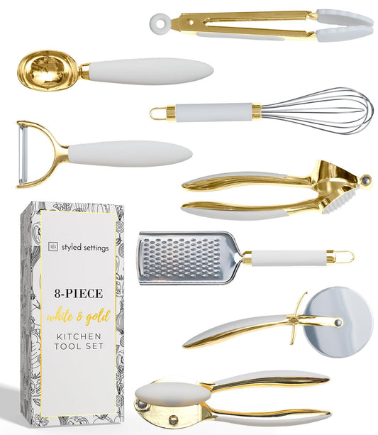 White & Gold Cooking Utensils Set - Luxe 8-Piece Kitchen Gadget Set Includes Can Opener, Tongs and Garlic Press - Stylish White and Gold Kitchen Accessories for Modern Kitchens, Ideal for Gifting
