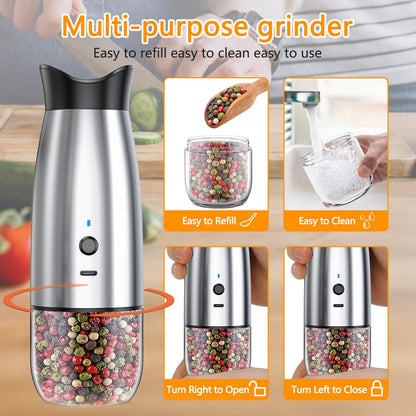 Gravity Electric Salt and Pepper Grinder Set, USB Rechargeable, No Battery Needed, Adjustable Coarseness, Automatic Mill Grinder with Warm LED Light, One Hand Operated for Kitchen, Restaurant, Outdoor