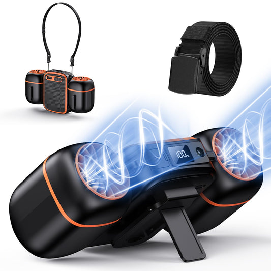 Dogean 2025 Portable Waist Fan with Dual Small Fans for 10 times Strong Wind & Wide Cooling Area 10000mAh Battery Over 30H Working Time Hands-Free Fan with Belt for Outdoor, Sports, Travel(223A黑橘色