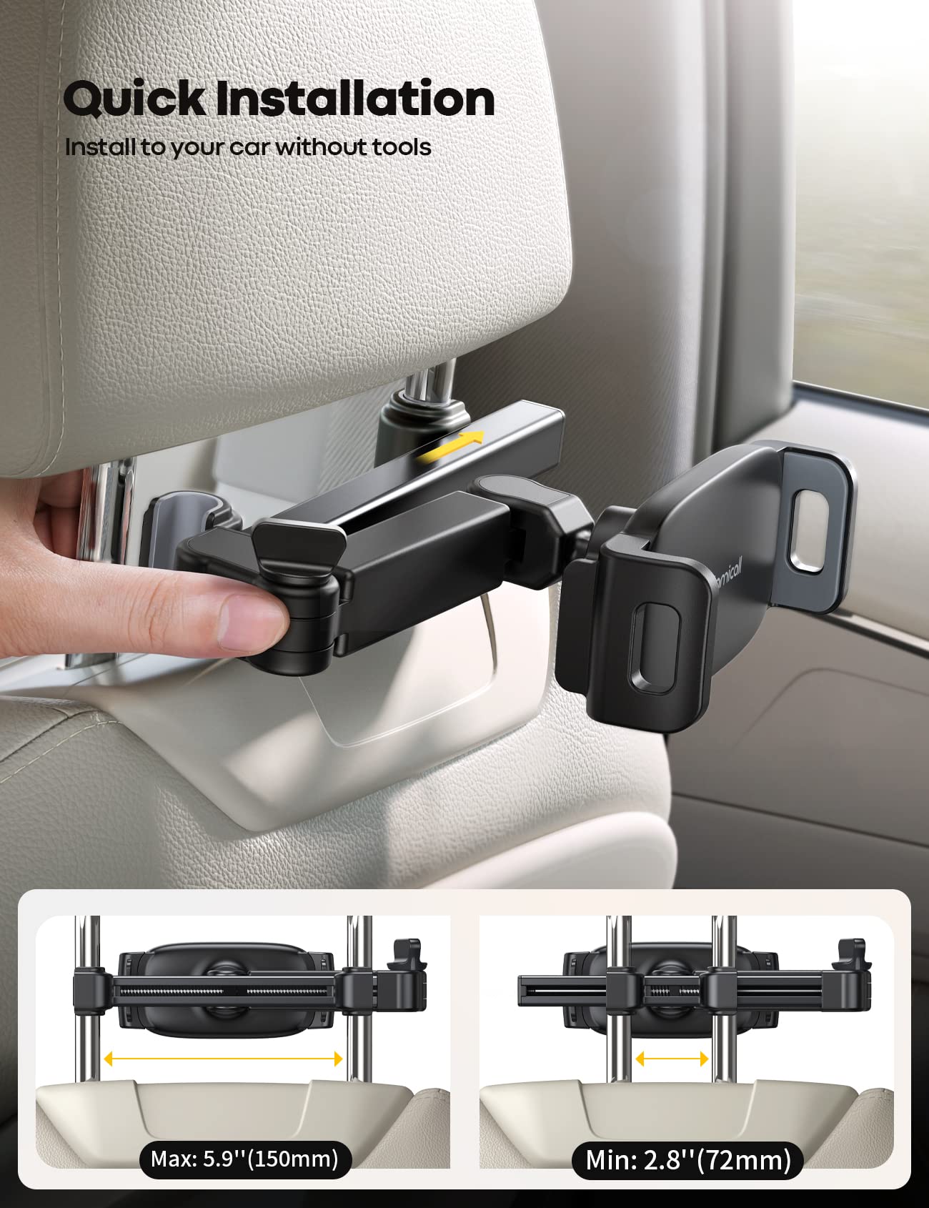 Lamicall Car Headrest Tablet Holder - [3 in 1 Extension Arm] Adjustable Tablet Car Mount for Back Seat, Road Trip Essentials for Kids, for 4.7-11" Device Like iPad Pro, Air, Mini, Galaxy, Fire, Black