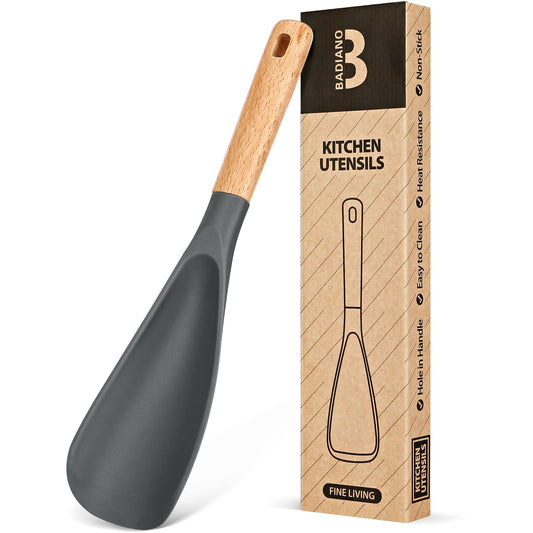 Cooking Spoon for Nonstick Cookwares, Great for Cooking and Serving Sturdy BPA-Free Matte Silicone, Wood Handle Spoon for Mixing, Scoop, and Scrape (GREY)