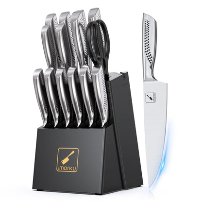 imarku Knife Set,15 PCS Kitchen Knife Set With Block, Premium HC Stainless Steel Knife Block Set With Built-in Sharpener, Kitchen Knives With Ergonomic Handle, Dishwasher Safe, Mothers Day Gifts, Black