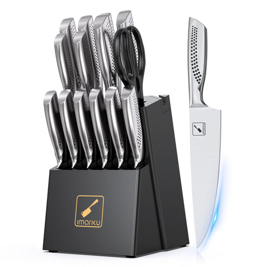 imarku Knife Set,15 PCS Kitchen Knife Set With Block, Premium HC Stainless Steel Knife Block Set With Built-in Sharpener, Kitchen Knives With Ergonomic Handle, Dishwasher Safe, Mothers Day Gifts, Black