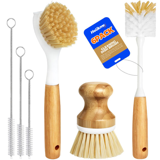 Holikme 6 Pack Dish Brush Kitchen Brushes Set with Bottle Brush, Dish Brush, Palm Scrub Brush and Straw Brush, Fruit Vegetable Cleaning Brushes, Long Handle for Skillet Wok Pot Pan Cast Iron, Yellow