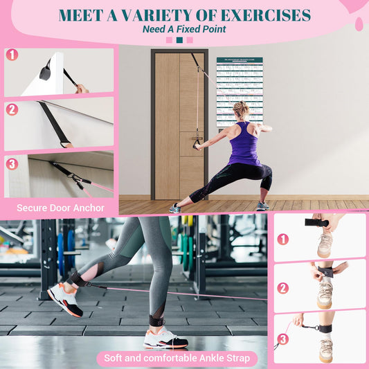 Pilates Bar Kit with Resistance Bands, Multifunctional Yoga Pilates Bar with Heavy-Duty Metal Adjustment Buckle, Portable Home Gym Pilates Resistance Bar for Women Full Body Workouts(20-150LBS)-Pink