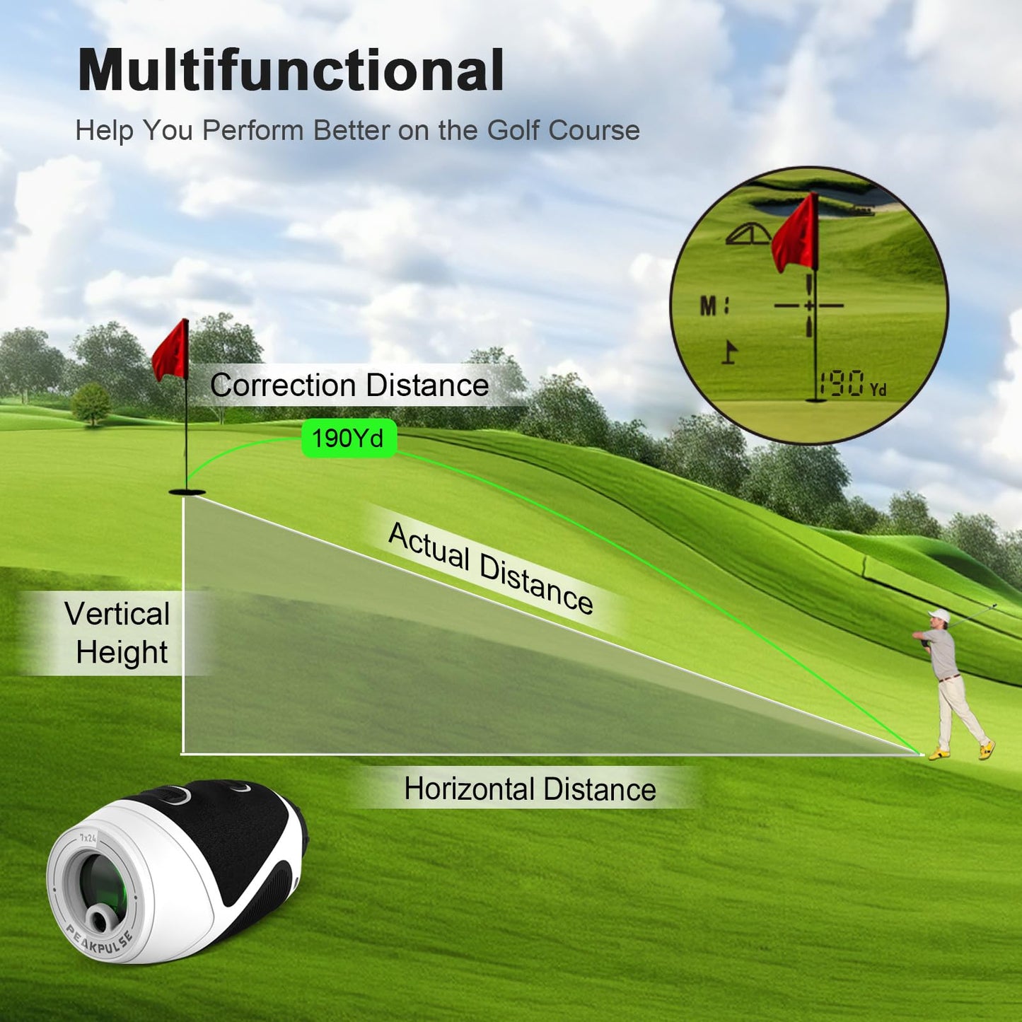 PEAKPULSE 1200 Yards Mini Range Finder Golf Rangefinder HDLCD 7X Magnification with Slope Laser Distance Rangefinder for Men Women Junior Rechargeable Flag Pole Locked with Vibration Angle Measurement
