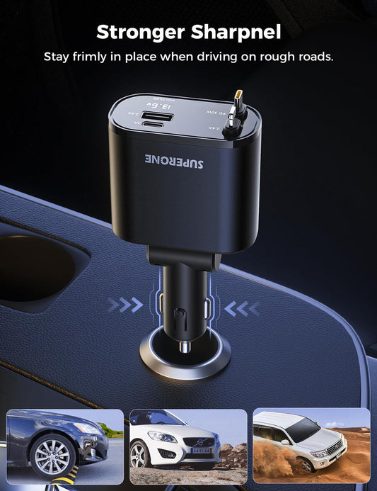 【Upgraded】 SUPERONE Retractable Car Charger 4 in 1, Fast Car Phone Charger with Cord 2.6ft, USB C and Apple Car Adapter, Compatible with iPhone 16 15/15 Pro Max/14/13/12/11, Galaxy, Pixel
