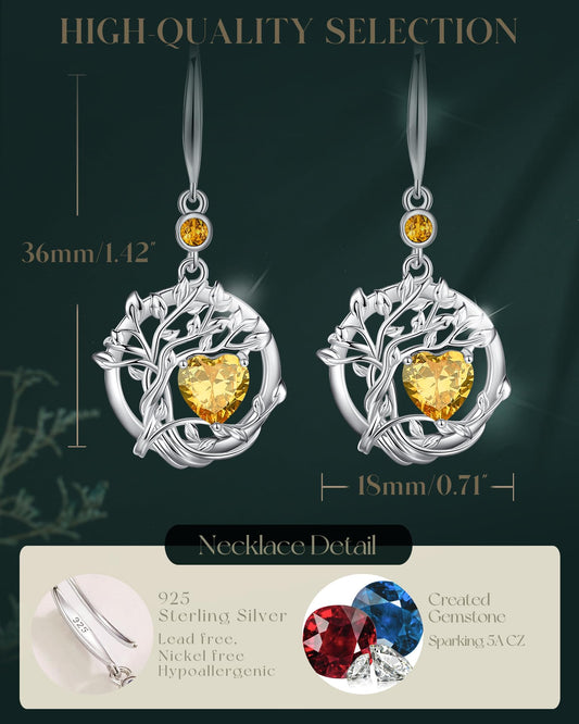 FANCIME Tree of Life Earrings 925 Sterling Silver Dainty Yellow Citrine Dangle Drop Gemstone Earring November Birthstone Fine Jewelry Birthday Gifts for Her Women