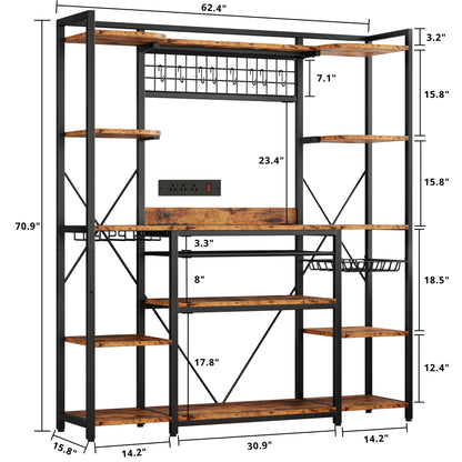 IRONCK Large Bakers Rack with Power Outlet, 62 Inch Wide Microwave Stand, Coffee Bar with Storage, Kitchen Racks and Shelves