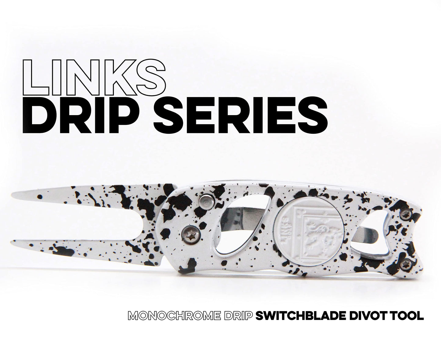 Links Golf Divot Tool with Foldable Pop-up Button & Magnetic Golf Ball Marker - Patented Golf Divot Tool and Ball Marker - (Monochrome Drip)