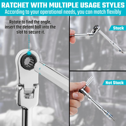 DURATECH 1/4" Flex Head T-Handle Ratchet, Mini Ratchet Wrench with Hex Bit Extension Set, Compatible with Standard 1/4" Hex Bits or Sockets, Portable and Versatile Repair Tool for Tight Spaces