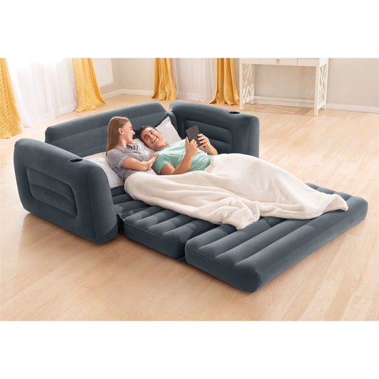Intex Inflatable Pull-Out Sofa: Velvety Surface, 2-in-1 Valve, Cupholder, 46" x 88" x 26" - Blow-Up Couch and Folding Queen Size Air Mattress Bed