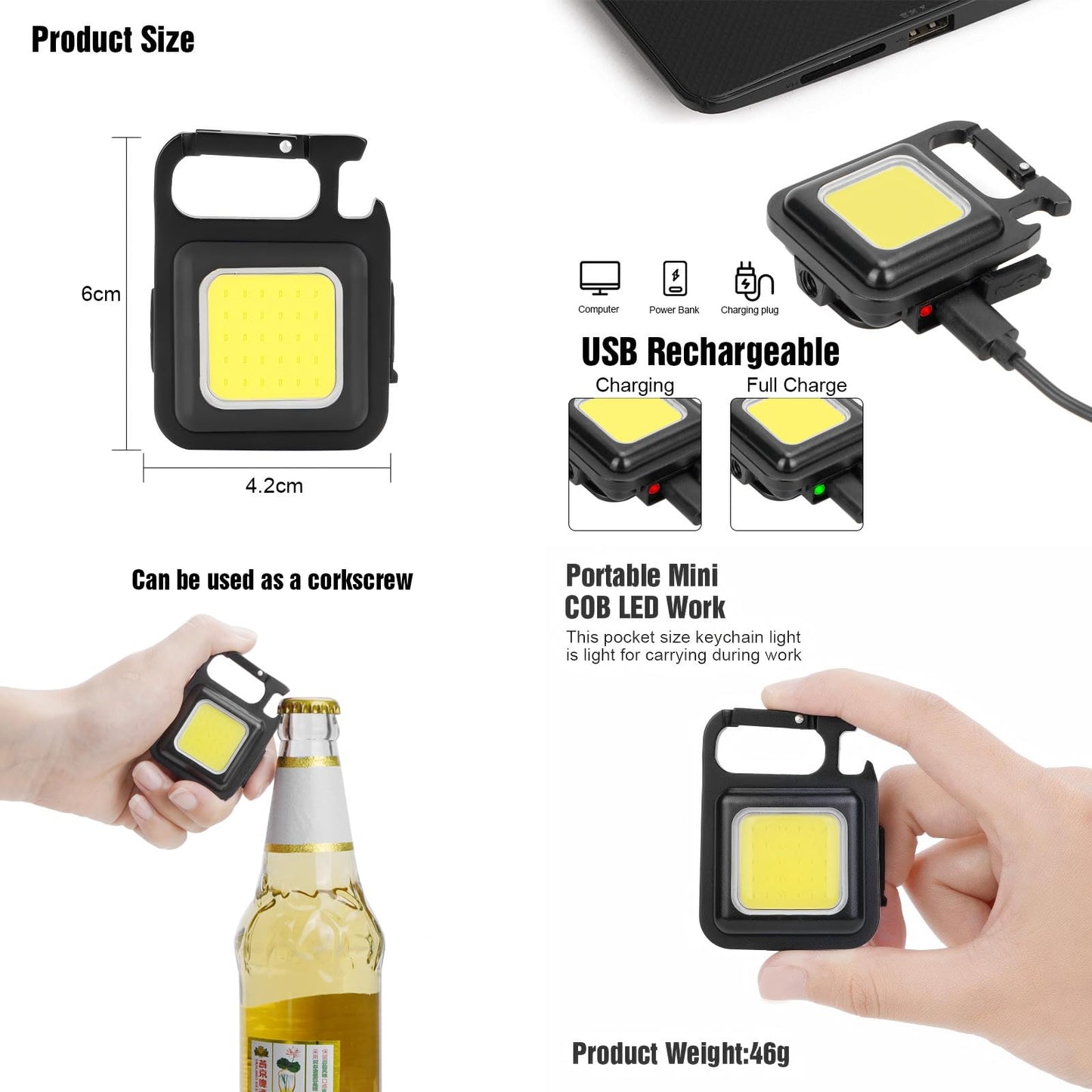 FFKQBH LED Flashlight Cob Keychain Work Light, Triple Light Flashlight with 3 Modes, EDC Purse Light, Rechargeable Flashlights for Home, Camping, Walking (4)