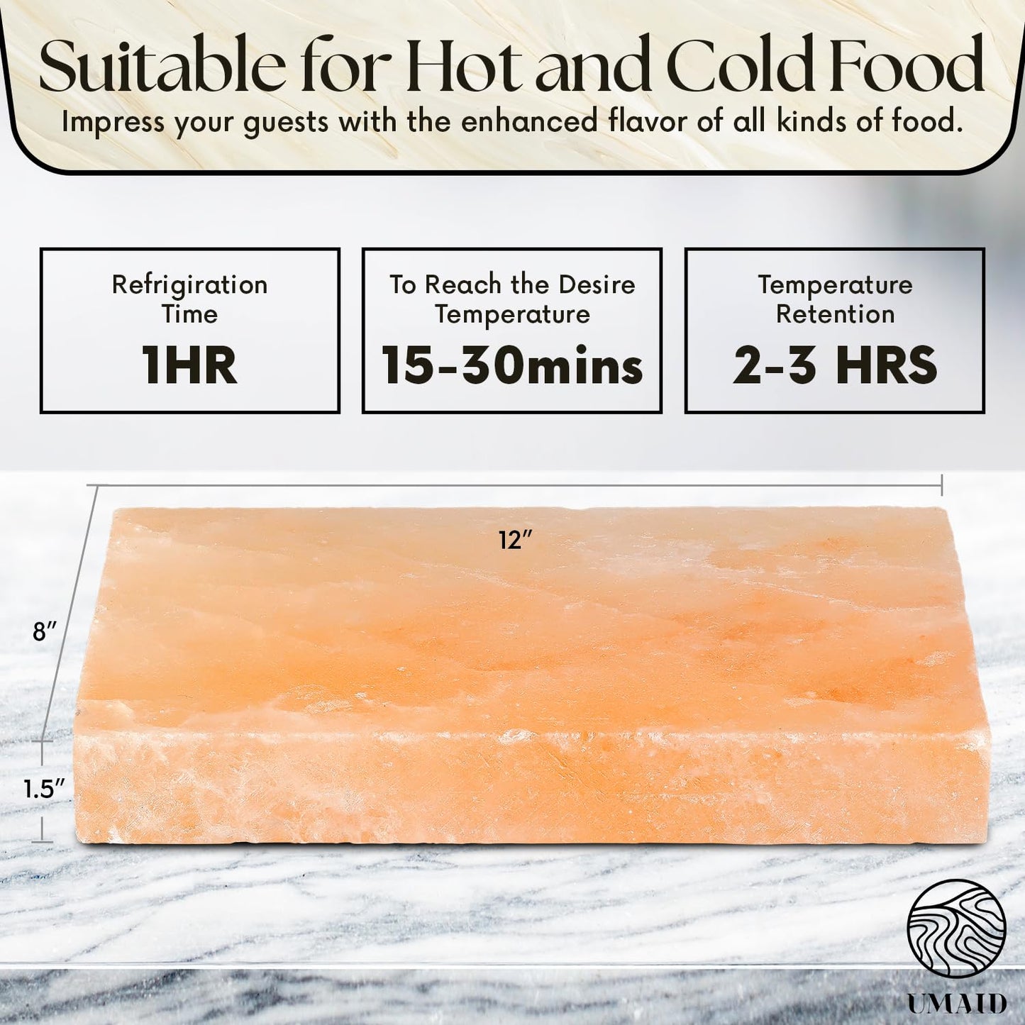UMAID Himalayan Salt Block For Grilling, Cooking, Cutting and Serving,12X8X1.5 Food Grade Himalayan Pink Salt Stone on Stainless Steel Plate & Recipe Booklet, Unique Gifts for Men, Women, Chef, Cooks
