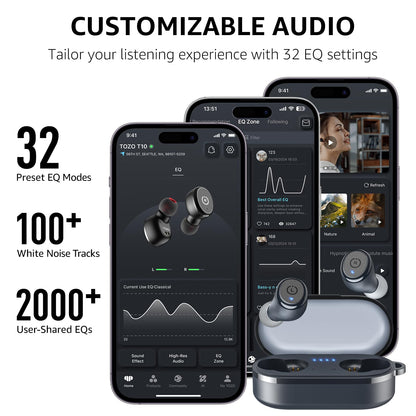 TOZO T10 Wireless Earbuds Bluetooth 5.3 Headphones, App Customize EQ, Ergonomic Design, 55H Playtime, Wireless Charging Case, IPX8 Waterproof Sound in-Ear Headset, 2025 New Version