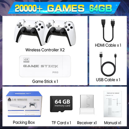 Retro Gaming Console, 20,000+ Retro Game Stick, 23 Emulators, 4K HD HDMI TV Game Stick, Includes 2 Wireless 2.4GHz Controllers,Plug & Play Video Games for TV(64GB)