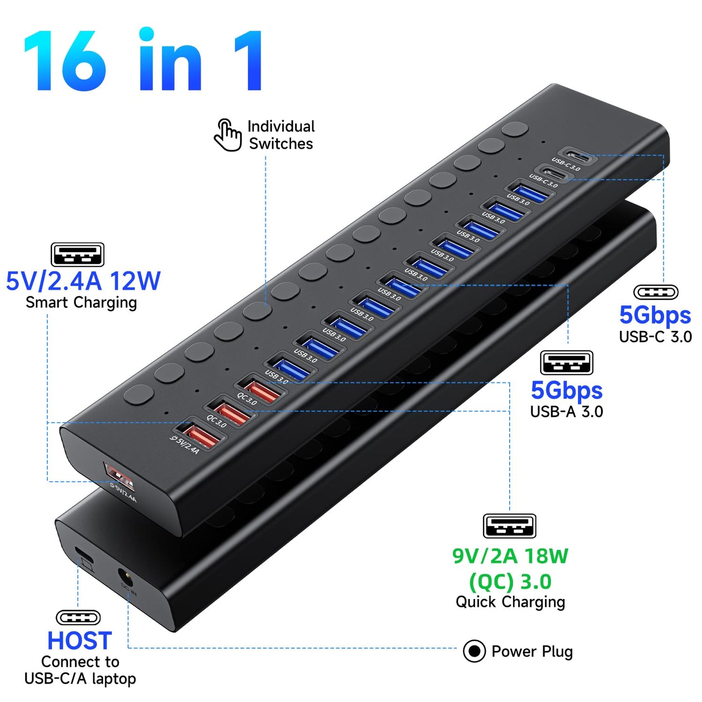 Powered USB 3.0 Hub, 16-Port USB C Hub Splitter (10 USB 3.0+2 QC 3.0+2 Smart Charging+2 USB-C 3.0) with Individual Switches, 12V 7.5A 90W UL Certified Power Adapter for Laptop, Mac, PC, Computer