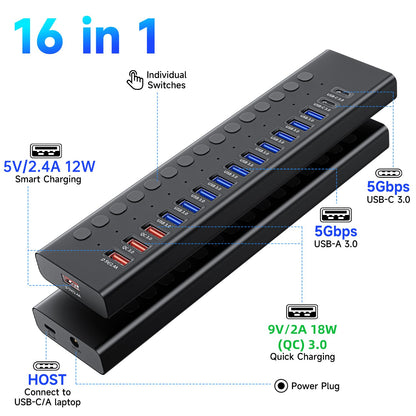 Powered USB 3.0 Hub, 16-Port USB C Hub Splitter (10 USB 3.0+2 QC 3.0+2 Smart Charging+2 USB-C 3.0) with Individual Switches, 12V 7.5A 90W UL Certified Power Adapter for Laptop, Mac, PC, Computer
