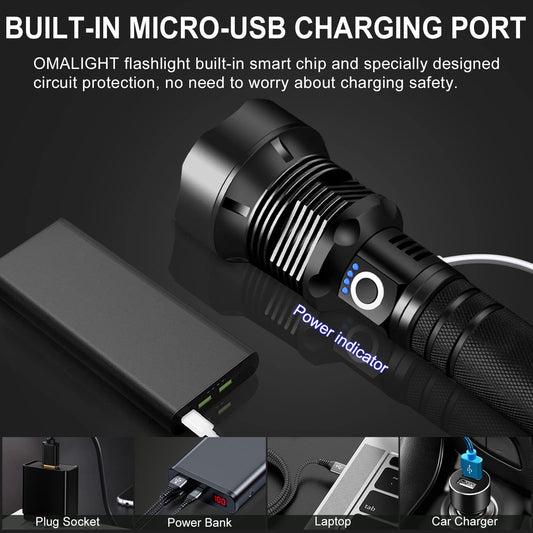 OMALIGHT Rechargeable LED Flashlight, 990000 Lumens XHP90.2 Super Bright Tactical Flashlights with Zoomable 5 Modes Waterproof Flash Light for Camping Emergencies Outdoor Indoor